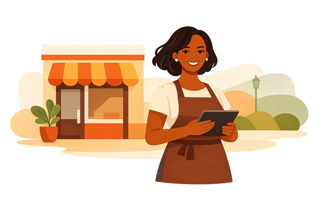 Illustration of woman holding a clipboard standing in front of a store.