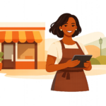 Illustration of woman holding a clipboard standing in front of a store.